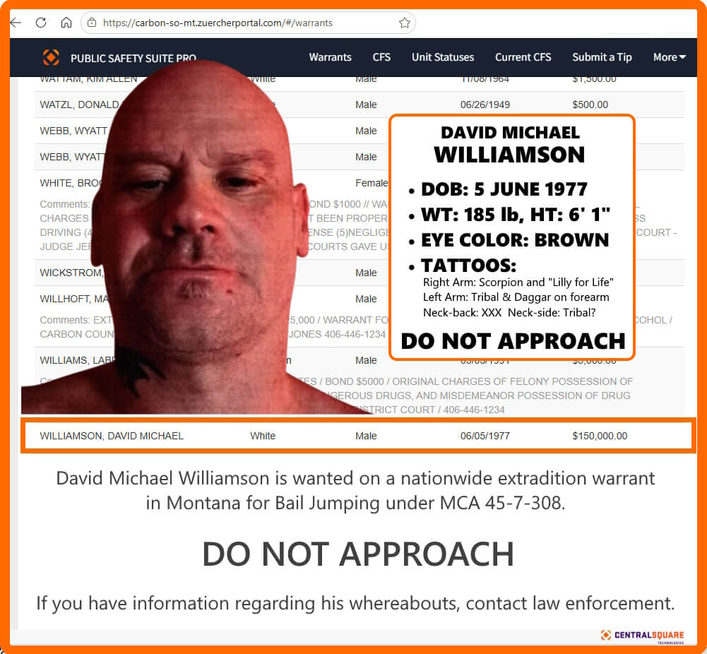 David Williamson a Wanted Carbon County Montana Fugitive